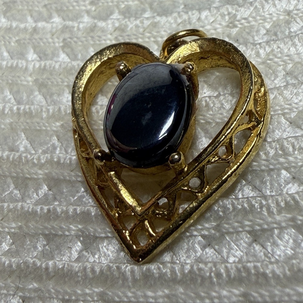 12K Gold-Filled Open Heart Pendant‎ with Simulated Black Gemstone